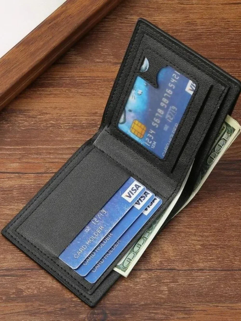 Men's Black Textured Leather Card & Key Holder Wallet